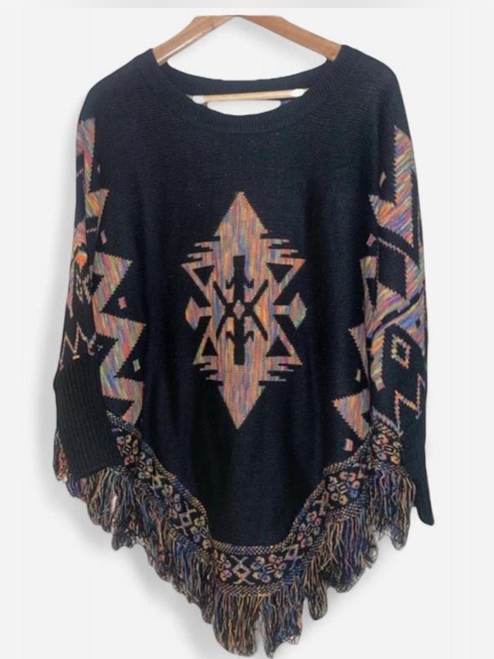 Boho Aztec Fringe Batwing Poncho Sweater - Black